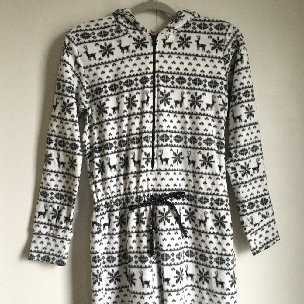 Cozy La Vie En Rose Vintage Y2K Reindeer Snowflake Hooded Onesie Pajamas M